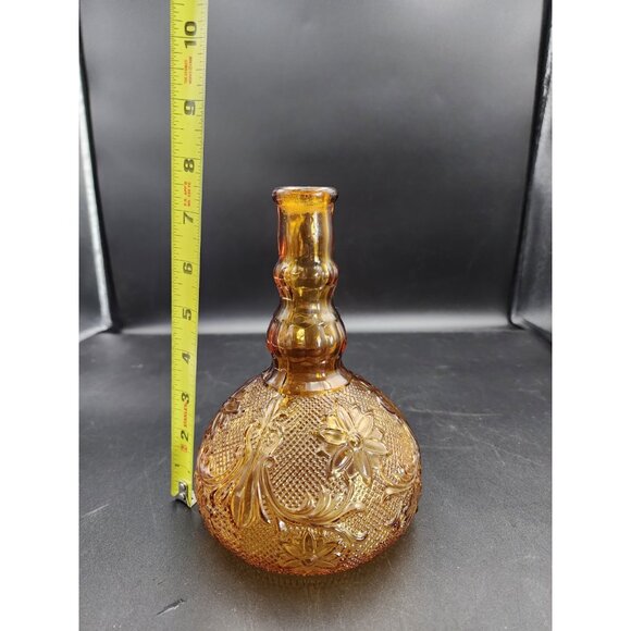 Vintage Clear Amber Squat Decanter Raised Daisy Flower Floral Design MCM - Picture 8 of 8